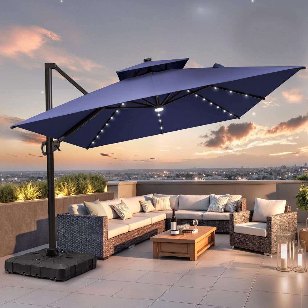 Solar LED Double Top 9 ft. x 10.5 ft. Outdoor Cantilever 360° Rotation Tiltable Patio Umbrella in Navy with Base price history on PriceWatchPro