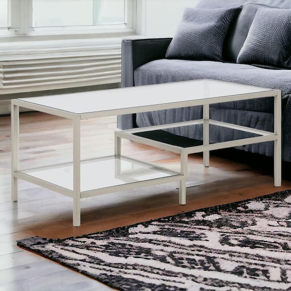 HomeRoots 45 in. Silver Rectangle Glass Coffee Table with Shelves Storage