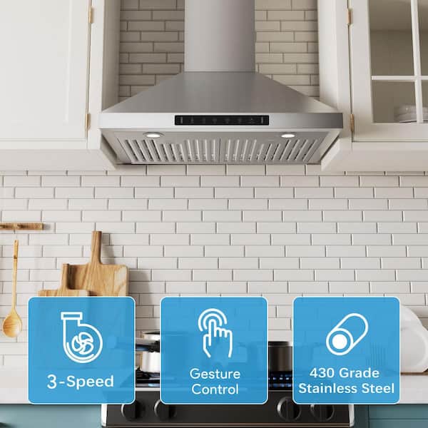 30 in. 900 CFM Convertible Wall Mount Range Hood in Stainless Steel with Gesture/Touch Control and Light in Low Noise