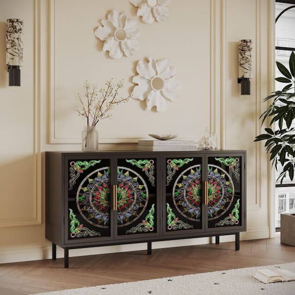 Fire Black Wood Buffet Cabinet 60.3 in. W Sideboard with 4-Painted Glass Doors, Artistic Storage Cabinet