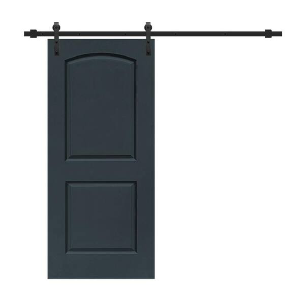 CALHOME 30 in. x 80 in. Charcoal Gray Stained Composite MDF 2-Panel Round Top Interior Sliding Barn Door with Hardware Kit