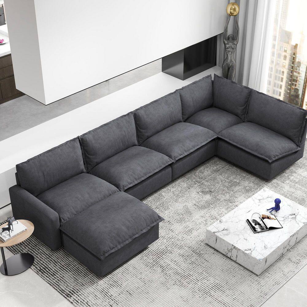 140.16 in. Square Arm 6-Piece Linen U-Shaped Sectional Sofa For Spacious Living Room with Ottoman in Gray