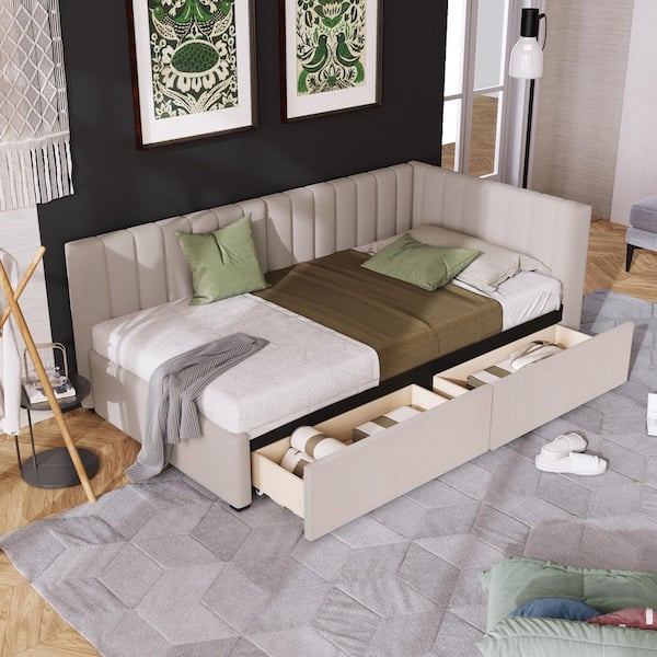 Beige Wood Frame Twin Size Daybed with 2 Storage Drawers Twin Size Sofa Bed Frame