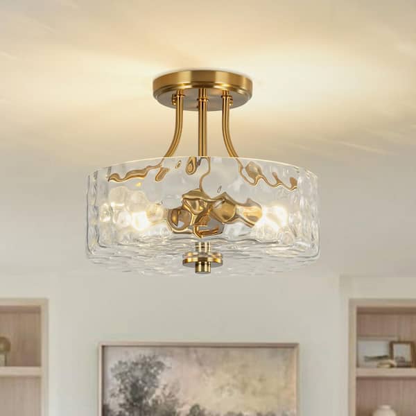 HUOKU Lumin 2-Light 11.8 in.W Brass Semi Flush Mount Modern Drum with Hammered Water Glass for Kitchen/Hallway