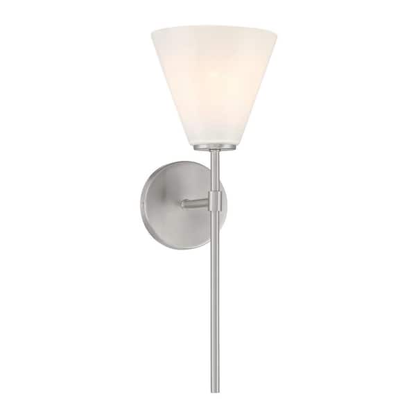 Blair 6.25 in. W x 17.5 in. H 1-Light Satin Nickel Dimmable Wall Sconce with Strie Glass Shade