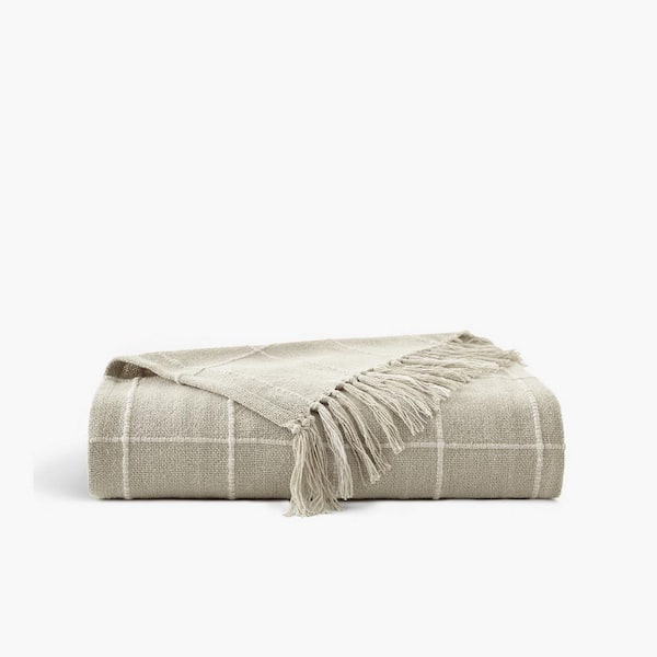 Truly Soft Windowpane Organic Tan Cotton 1-Piece Throw Blanket