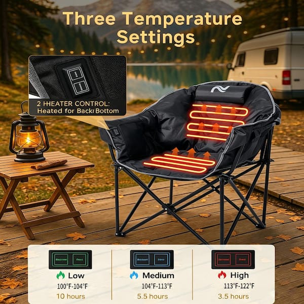 Oversized Heated Camping Chair Outdoor Portable Heated Folding Chairs Patio Lounge Chairs with 3-Heat Levels, Black