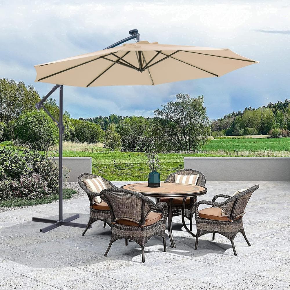 10 ft. Solar LED Outdoor Patio Umbrella Hanging Offset Umbrella Easy Open A