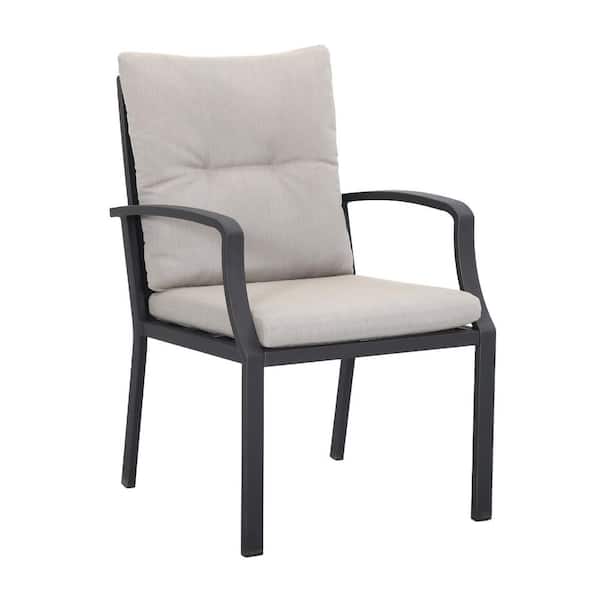 Unbranded Black Aluminum Outdoor Dining Chairs, All-weather Patio Dining Chairs with Beige Cushioned for Porch Backyard (2-Pack)
