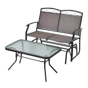 2-Person Metal Outdoor Glider Gliding Loveseat Chair with Tempered Glass Coffee Table
