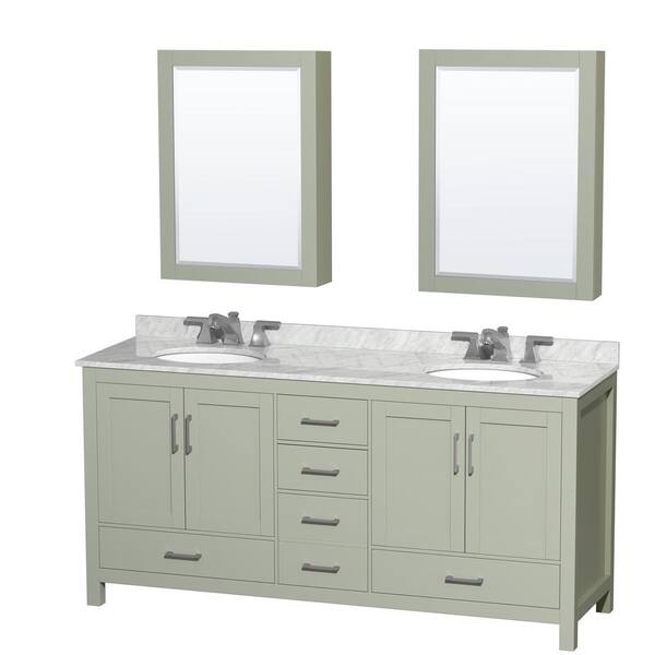 Wyndham Collection Sheffield 72 in. W x 22 in. D x 35 in. H Double Bath Vanity in Light Green with White Carrara Marble Top and MC Mirrors