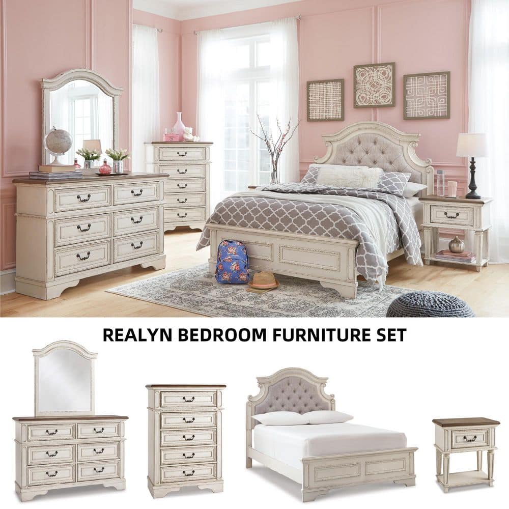 Rustic White 3-Drawer Vanity Set with Bench and Mirror