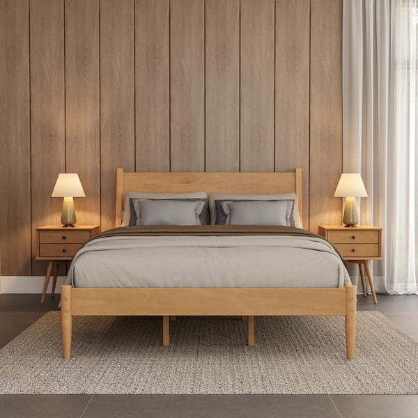 Camaflexi Mid-Century Light Oak Beige Solid Wood Frame Queen Panel