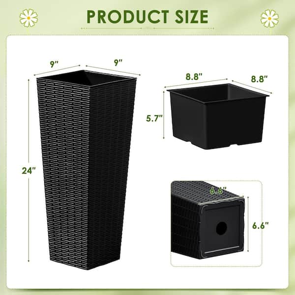 Tozey 24 in. Black Plastic Tall Square Planter (Set of 2) T