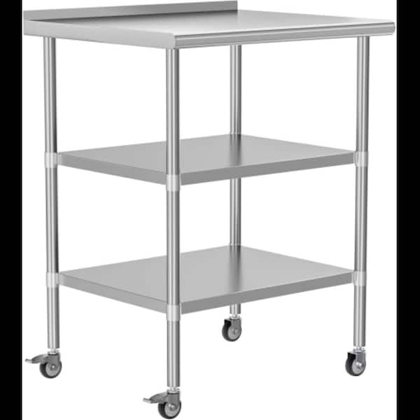 Stainless Steel 24 in. x 36 in. Kitchen Prep Table with Adjustable Shelves and Backsplash Wheels for Kitchen in Silver