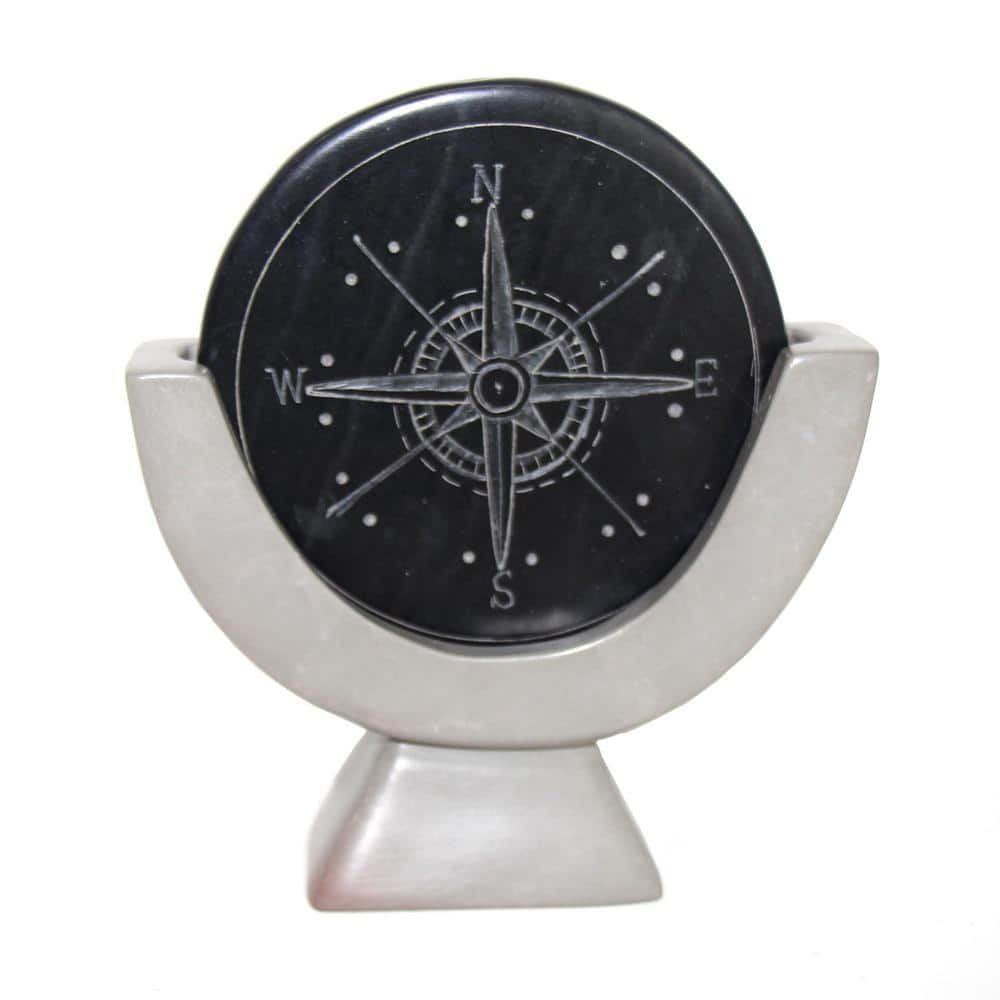 Global Crafts Compass Soapstone Sculpture, Light Gray Stone in Banana Fiber Box