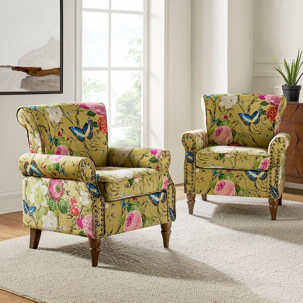 JAYDEN CREATION Auria Traditional Mustard Accent Arm Chair with Nailhead Trim and Solid Wood Legs (Set of 2)