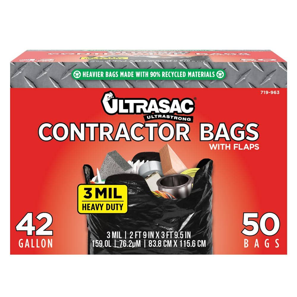 Contractor Trash Bags 50-Count 42 Gallon Black Flap Tie Closure 3 Mil Thickness 