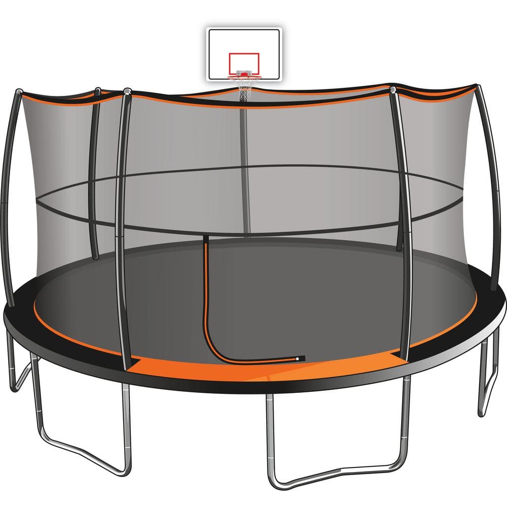 15' Black Round Trampoline with Enclosure and Basketball Hoop