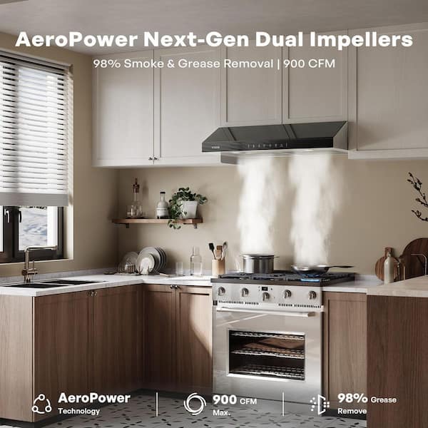 36 in. 900 CFM Ducted Under Cabinet Range Hood in Stainless Steel and Black Glass with LED Lights and 2-Mesh Filters