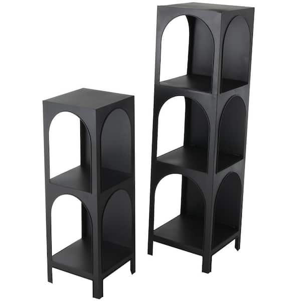 Litton Lane 47 in. Tall Black Iron Stationary Shelving Unit Bookcase with Arched Openings (Set of 2)