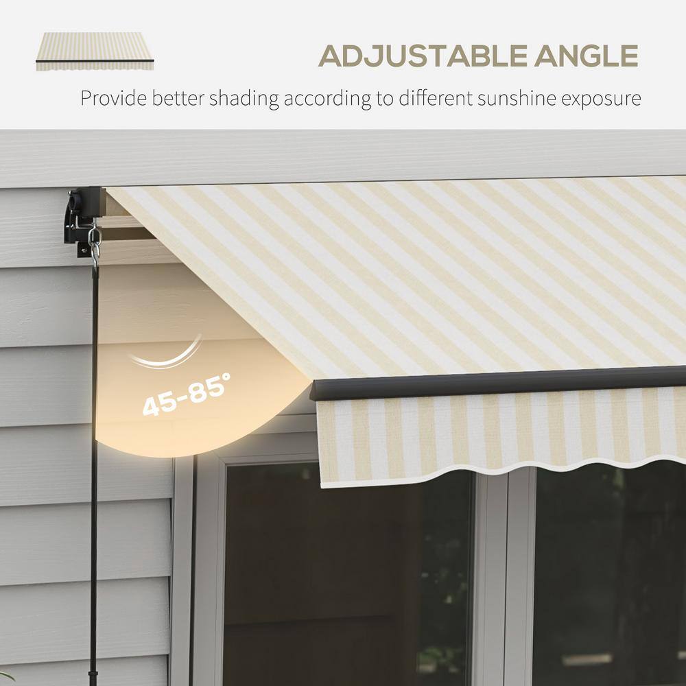 Beige and White Striped Polyester Retractable Patio Awning with Manual Crank