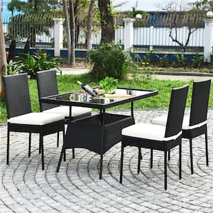 5-Piece Metal Wicker Rectangle 29 in. Outdoor Dining Set with White Cushions