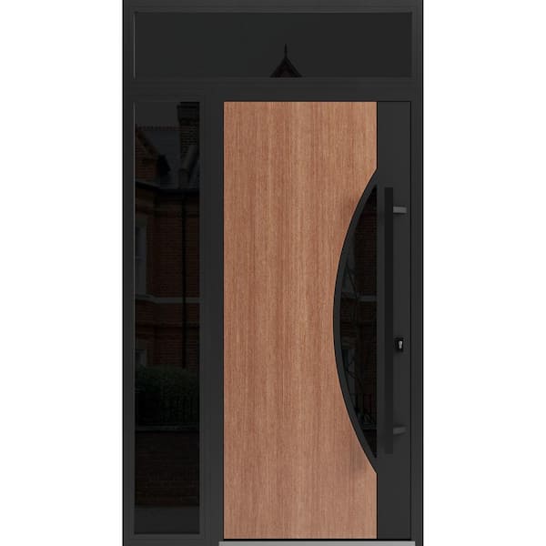 1077 52 in. x 96 in. Left-hand/Inswing 2 Sidelight Tinted Glass Teak Steel Prehung Front Door with Hardware
