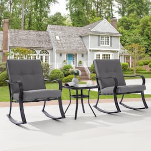 3-Piece Metal Frame Outdoor Bistro Set 2 Rocking Chairs with Gray Cushions and Tempered Glass Side Table