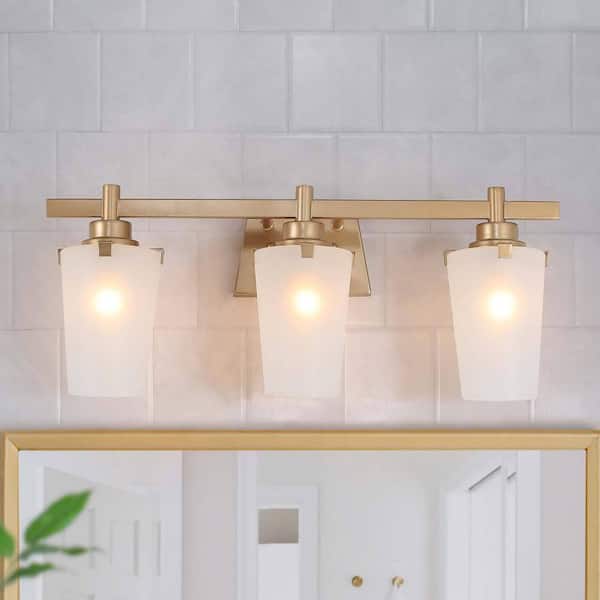 Uolfin 23.2 in. 3-Light Modern Gold Bathroom Vanity Light with Frosted Glass Shades