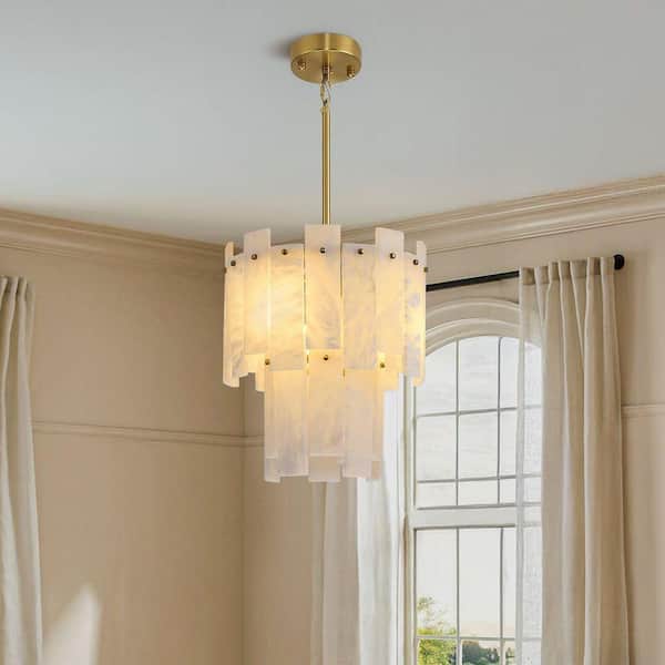 13 in. 3-Light Brass Round Alabaster Chandelier, 2 Tiers Kitchen Island Chandelier for Dining Room, Bedroom, Bedroom
