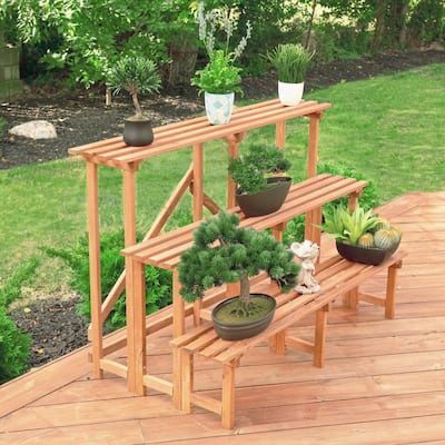 H Brown Step Wooden Plant Stand, Outdoor Plant Table