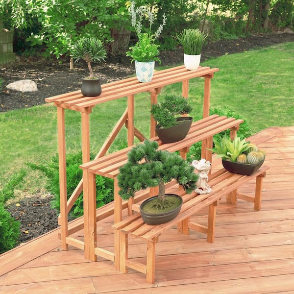 Leisure Season Large 3-Tier 48 in. W x 24 in. D x 32 in. H Brown Step Wooden Plant Stand