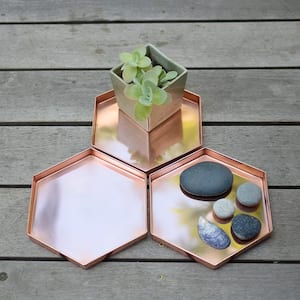 9 in. W x 1 in. H x 8 in. D Hexagonal Copper Plated Stainless Steel Decorative Trays (Set of 3)
