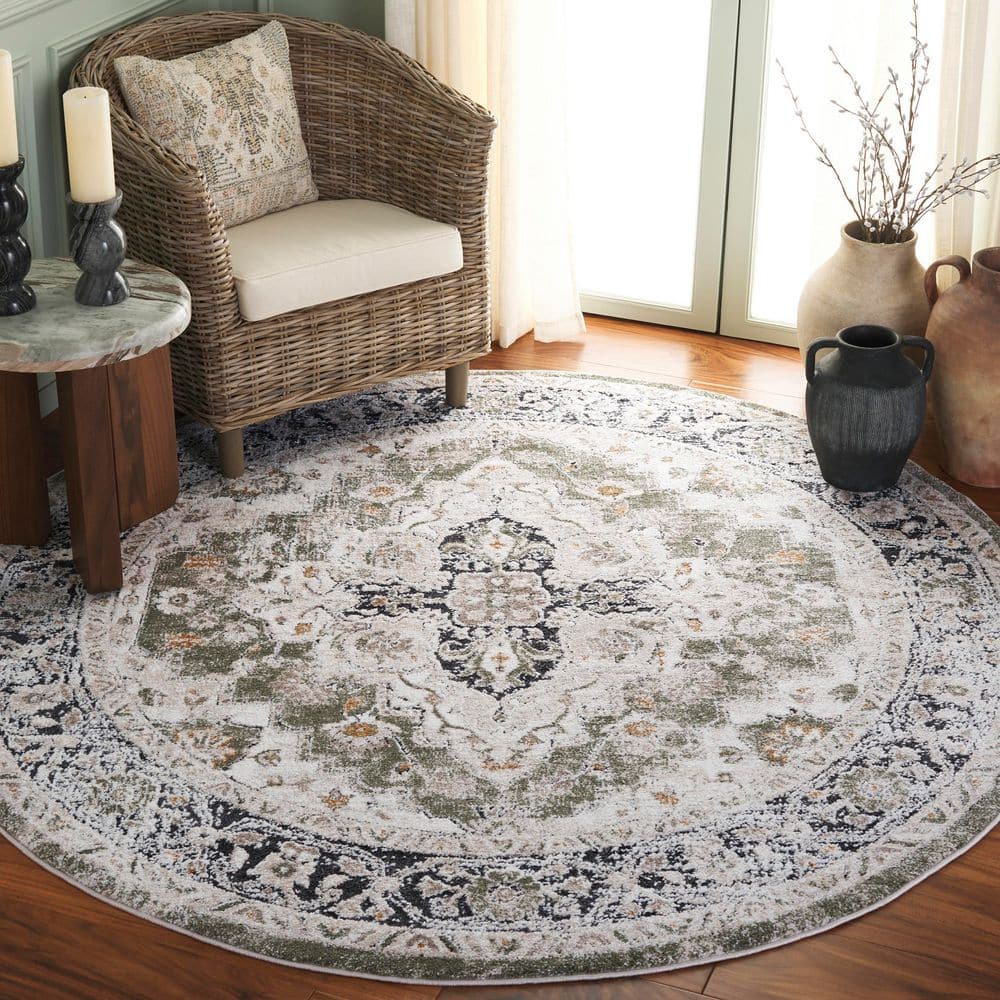 Green and Beige Round Synthetic Medallion Area Rug, 6'7"