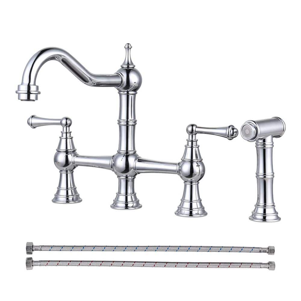 Vintage Double Handle Bridge Kitchen Faucet with Side Sprayer in Polished Chrome