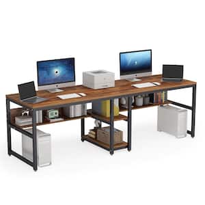 Moronia 78.74 in. Rectangular Brown and Black Wood and Metal Computer Desk 2-Person Desk with Storage Shelf for Office