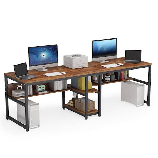 BYBLIGHT Moronia 78.74 in. Rectangular Brown and Black Wood and Metal Computer Desk 2-Person Desk with Storage Shelf for Office