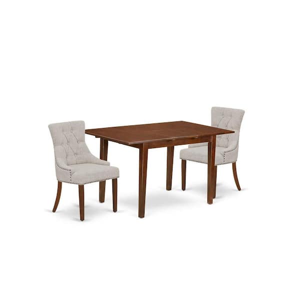East West Furniture 3-Piece Mahogany Finish Rectangular Solid Wood Top With Butterfly Leaf Dining Table Set
