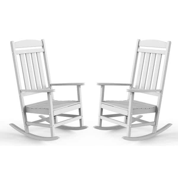TenKa Set of 2 White HDPE Plastic Patio Outdoor Rocking Chair All Weather Resistant High Back Porch Rocker Chair