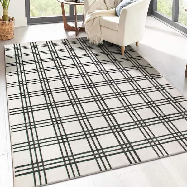 Plaid Black and Cream 5 ft. x 7 ft. Machine Washable Area Rug