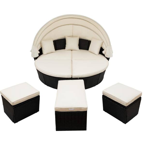 Harper & Bright Designs Black Wicker Outdoor Sectional Day Bed with Beige  Cushions and Canopy WZX017AAA - The Home Depot