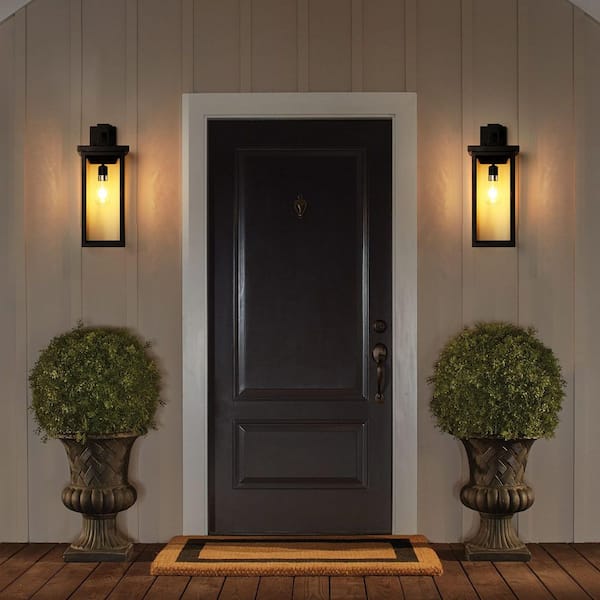 19.7 in. Outdoor Wall Lantern, 1-Light Black Sconce with Sensor, Waterproof, E26 Base (2 Pack, No Bulbs)