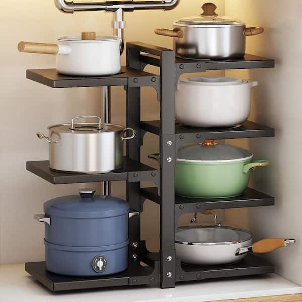 Black Adjustable 7-Tier Heavy Duty Carbon Steel Rack Multi-Use Pot Rack Organizer for Kitchen Cabinet Counter