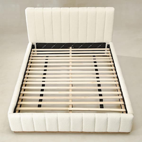 Beige Solid Wood Frame Queen Size Platform Bed with Upholstered Headboard and Footboard, No Box Spring Needed