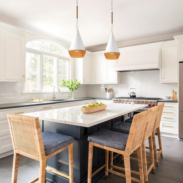 Farmhouse 1-Light White Bohemian Island Pendant Light with Hemp Rope Shade