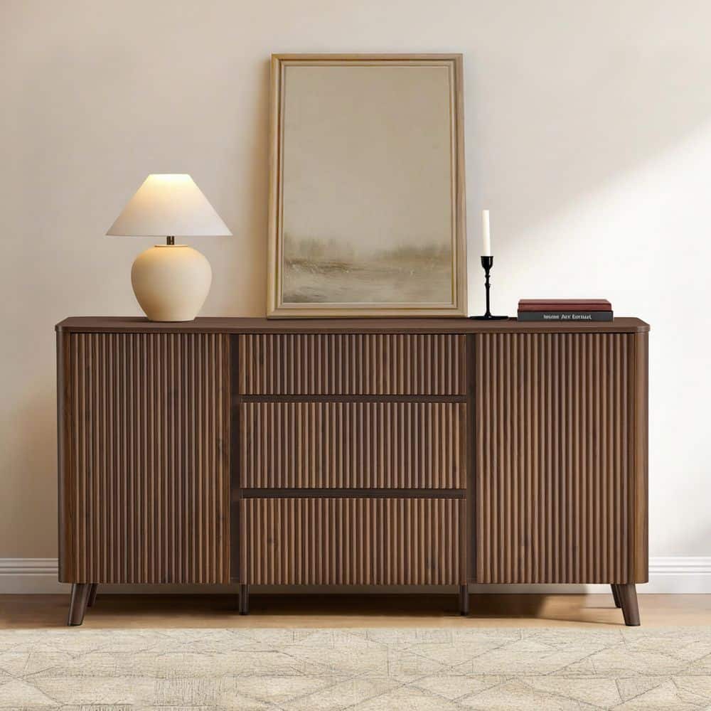 Kaia Walnut Wood Sideboard with Wave Panel Doors, Adjustable Shelves,3 Drawers, Scratch-Resistant Storage Cabinet price history on PriceWatchPro