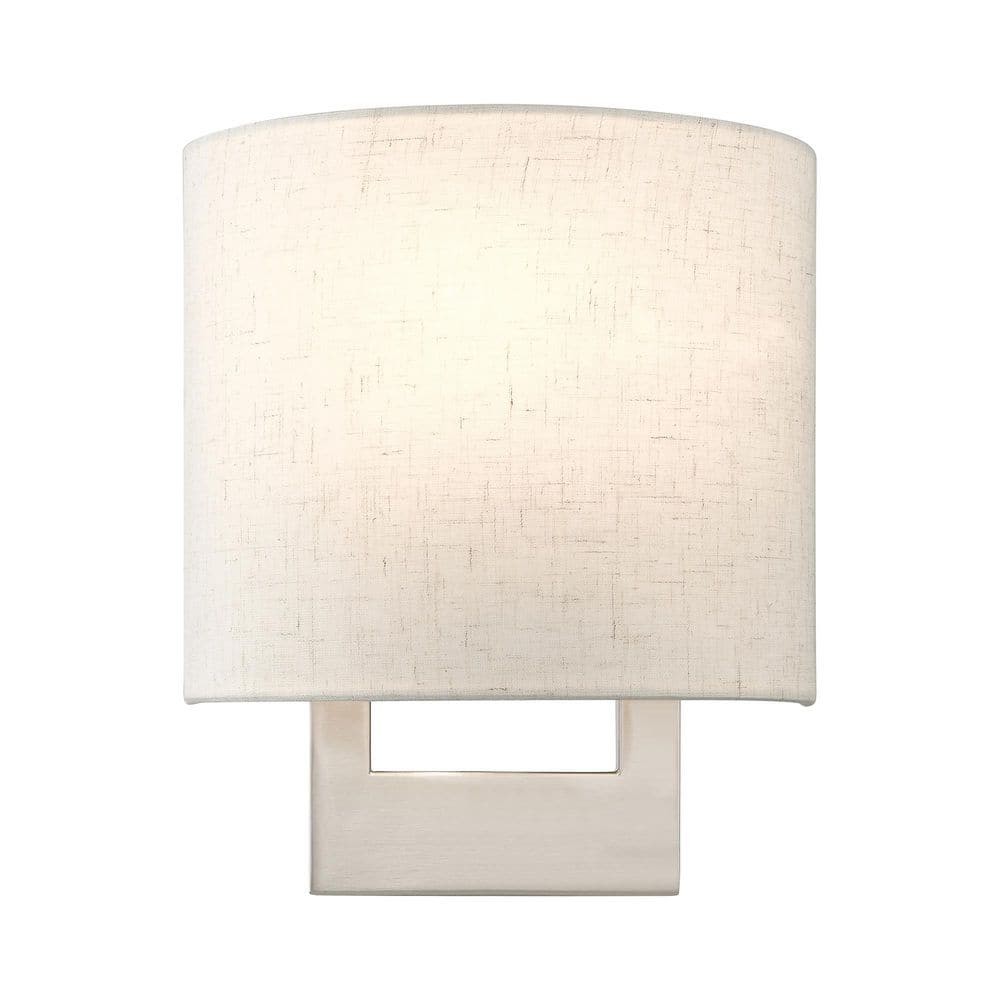 Layton 8 in. 1 Light Brushed Nickel Contemporary Wall Sconce with Hand Crafted Oatmeak Fabric Shade price history on PriceWatchPro