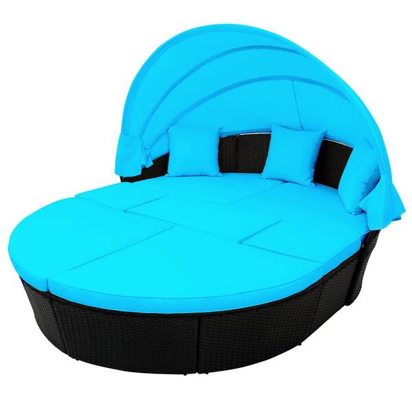Unbranded Black Wicker Outdoor Day Bed with Blue Cushions Retractable Canopy and Separate Seating