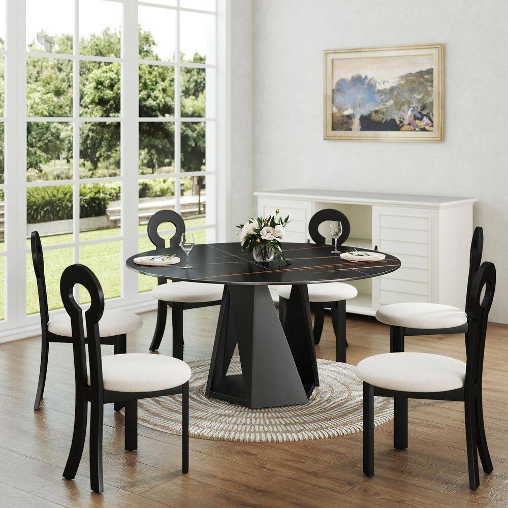 59 in. Black Round Sintered Stone Tabletop Black Pedestal Base Kitchen Dining Table (Seats 8)